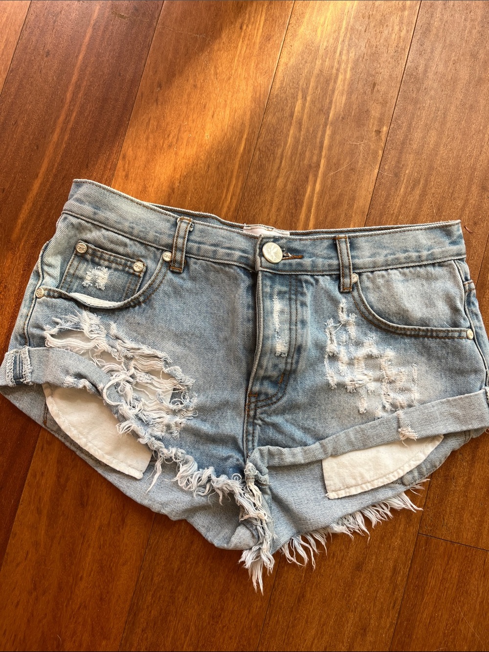 One Teaspoon Light Blue Distressed Rolled Hem Jean Shorts